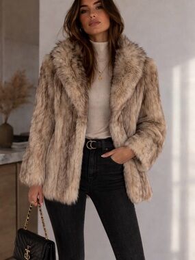 Lux Fox Fur Coat in Grey Sand - Women’s Plush Fall Winter Jacket